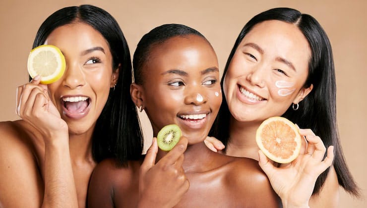 "Healthy glowing skin with skincare treatment and natural fruit ingredients"